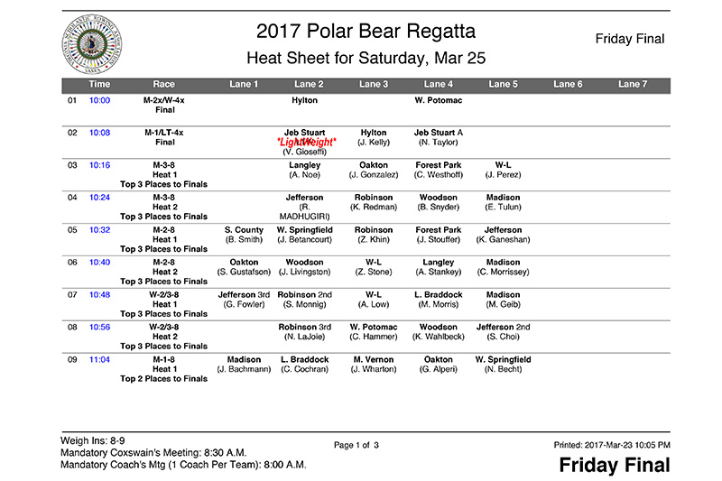 Polar Bear Regatta Mar. 25, 2017 Heat Sheet