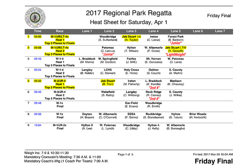 Regional Park Regatta — Sat. April 1 — Heat Sheet