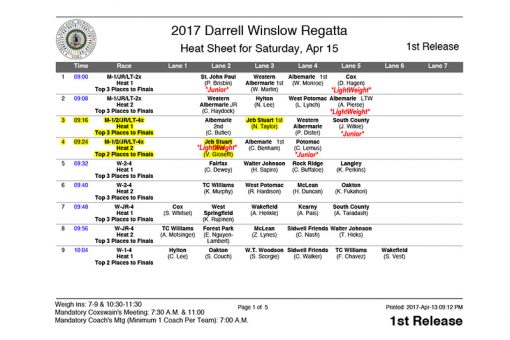 Heat Sheet, Darrell Winslow Regatta, Sat. 4/15