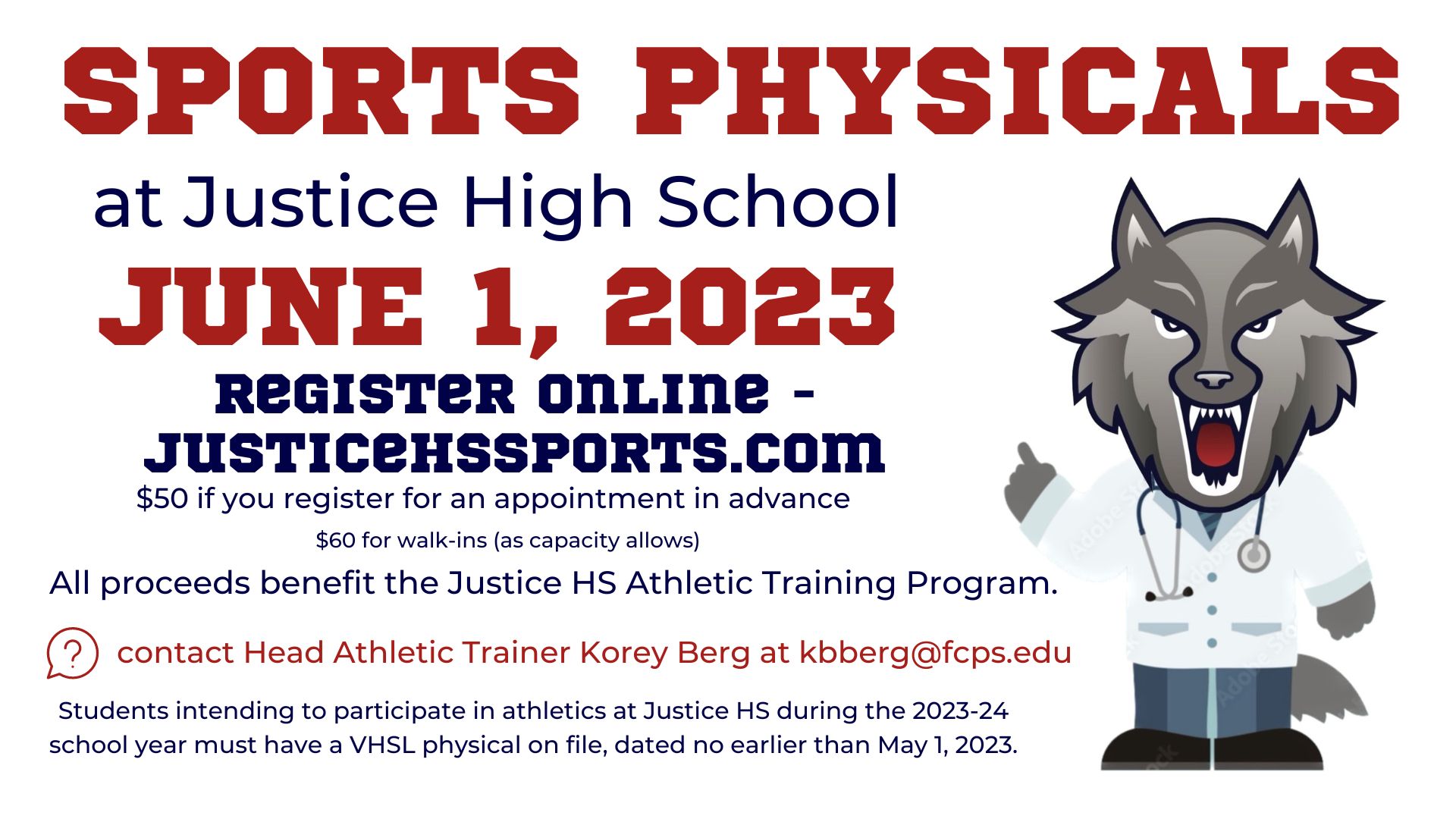 Sports Physicals through Justice H.S. Athletic Training Program